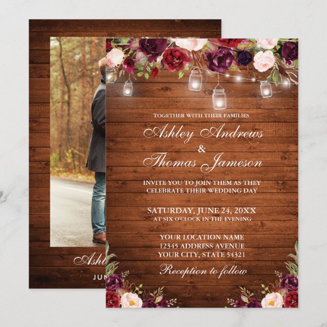 Invitation Bois rustique Bourgogne Lumières Florales Mariage  (Devant / Derrière)