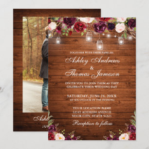 Invitation Bois rustique Bourgogne Lumières Florales Mariage 