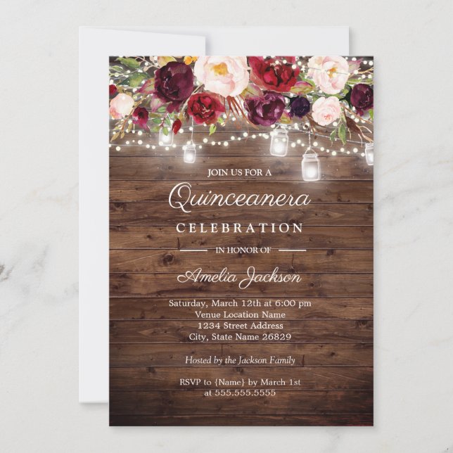 Invitation Bois rustique Bourgogne Lumières Florales Quincean (Devant)