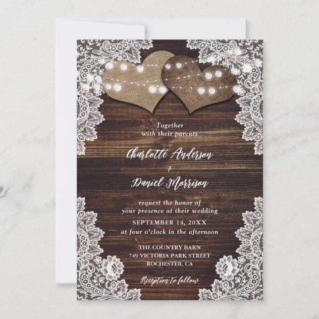 Invitation Bois rustique Burlap et dentelle mariage Invitatio (Devant)