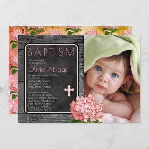 Invitation Bois rustique   Chalkboard Floral Photo Baptême