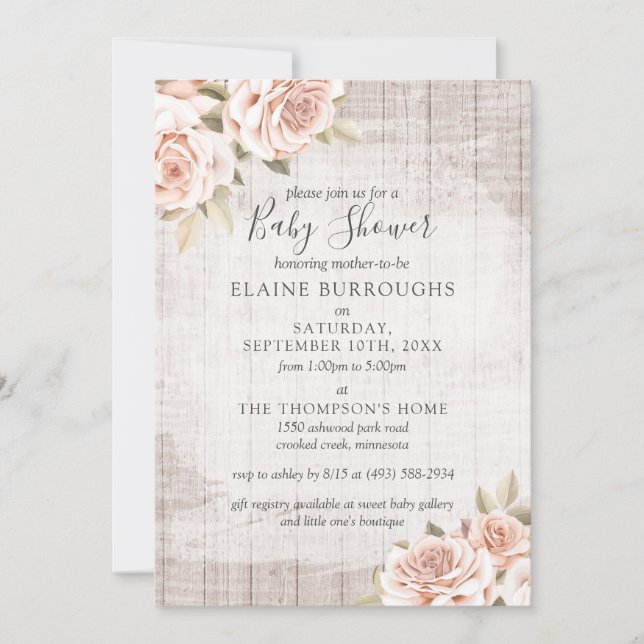 Invitation Bois rustique & Chic Rose Chic Baby shower Floral (Devant)