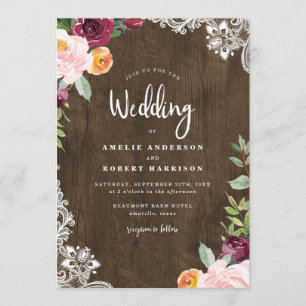 Invitation Bois rustique & dentelle Bourgogne Blush FlorMaria