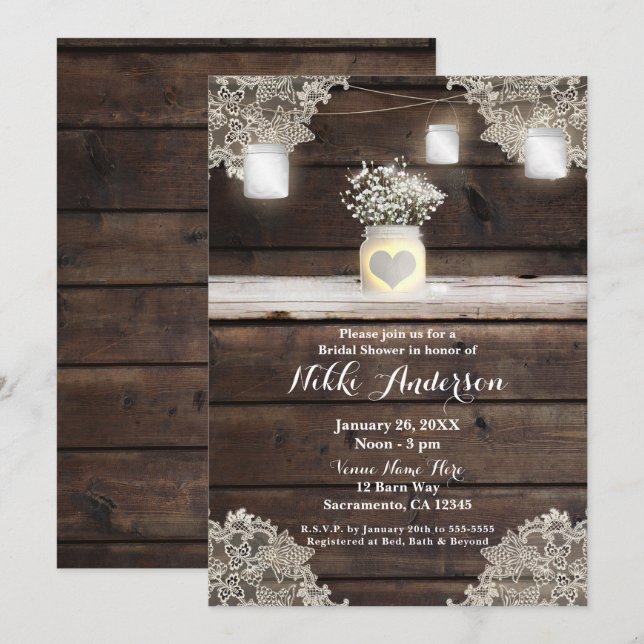 Invitation Bois rustique, dentelle et mâon jarres Fête des ma (Devant / Derrière)