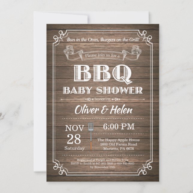 Invitation Bois rustique d'invitation de baby shower de BBQ (Devant)