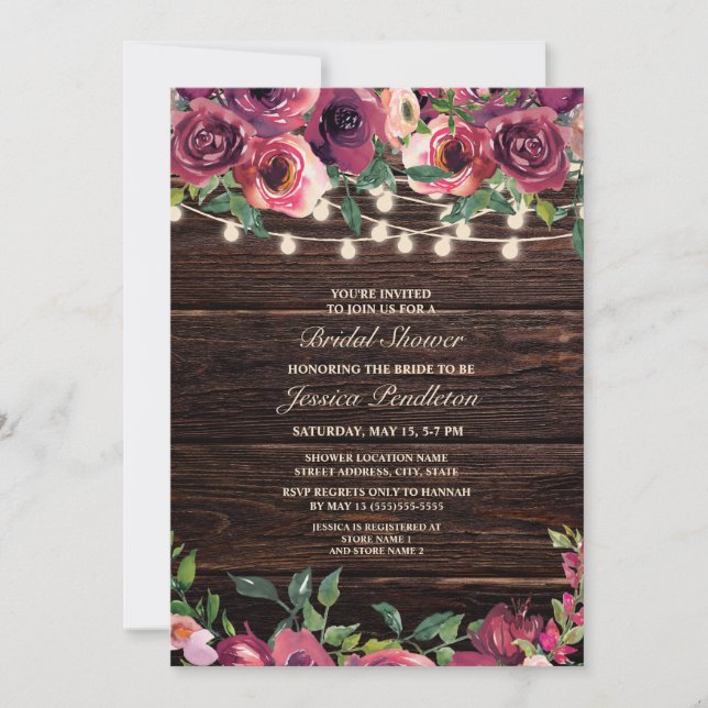 Invitation Bois rustique éclaire la Bride Florale Bourgogne (Devant)