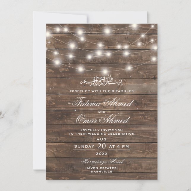 Invitation Bois rustique éclaire le Mariage musulman islamiqu (Devant)