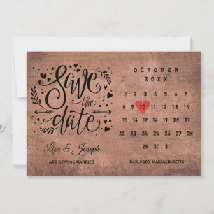 Invitation Bois rustique Enregistrer la date Calendrier Coeur