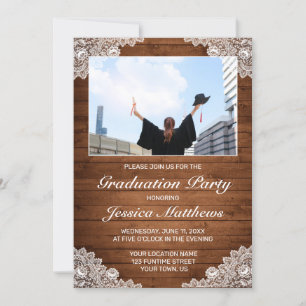 Invitation Bois rustique et dentelle blanche Diplôme photo