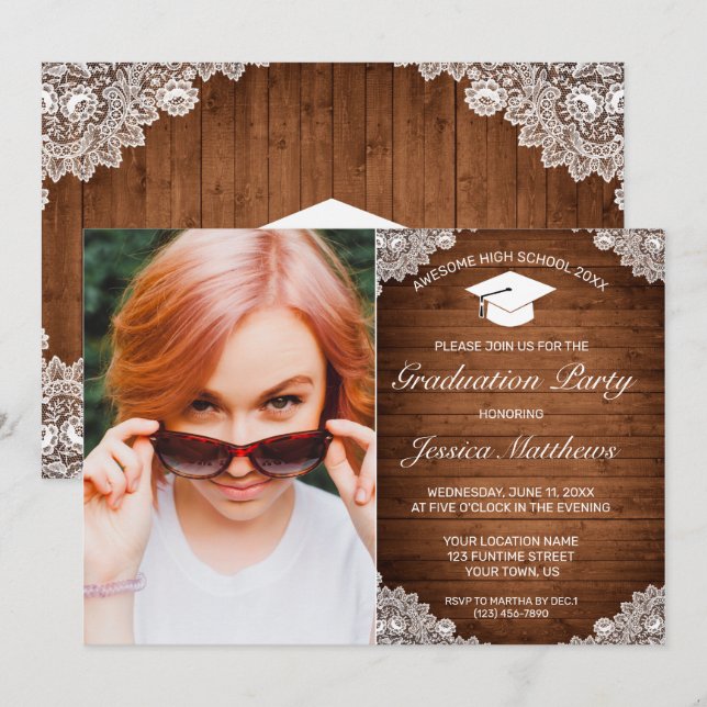 Invitation Bois rustique et dentelle blanche - photo Invitati (Devant / Derrière)