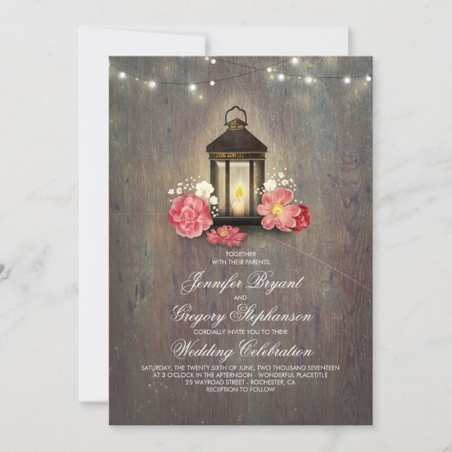 Invitation Bois rustique et feux de lanterne fleurie Mariage  (Devant)