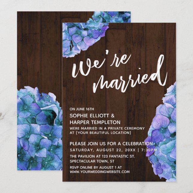Invitation Bois Rustique et Hortensia Bleu Nous sommes mariés (Devant / Derrière)