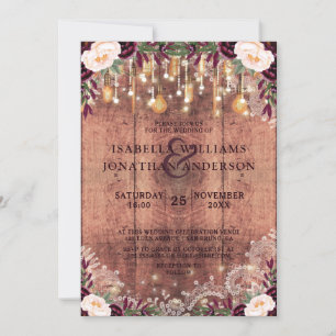 Invitation Bois rustique et lampes à cordes Mariage Floral