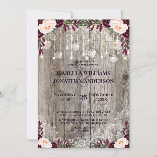 Invitation Bois rustique et lumières à cordes Mariage dentell (Devant)