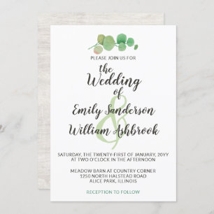 Invitation Bois rustique et Mariage botanique feuille d'eucal