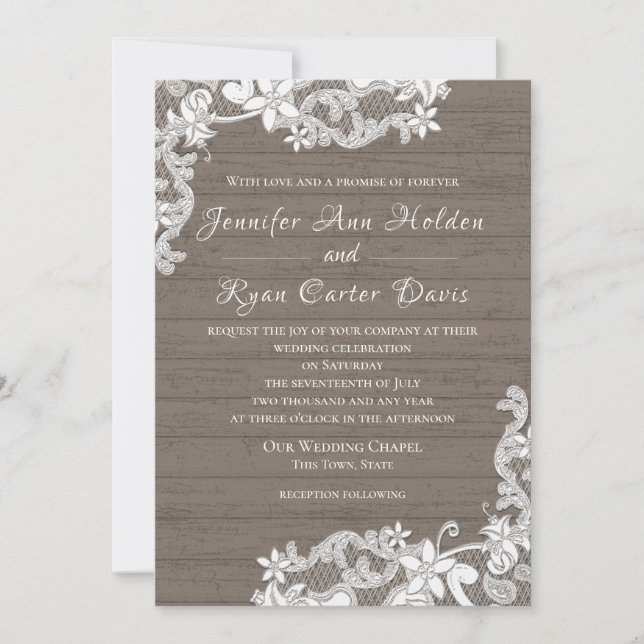Invitation Bois rustique et Mariage de dentelle (Devant)