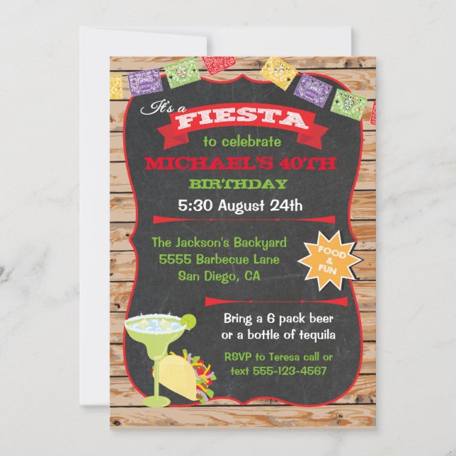 Invitation Bois rustique et tableau noir Fête mexicaine (Devant)