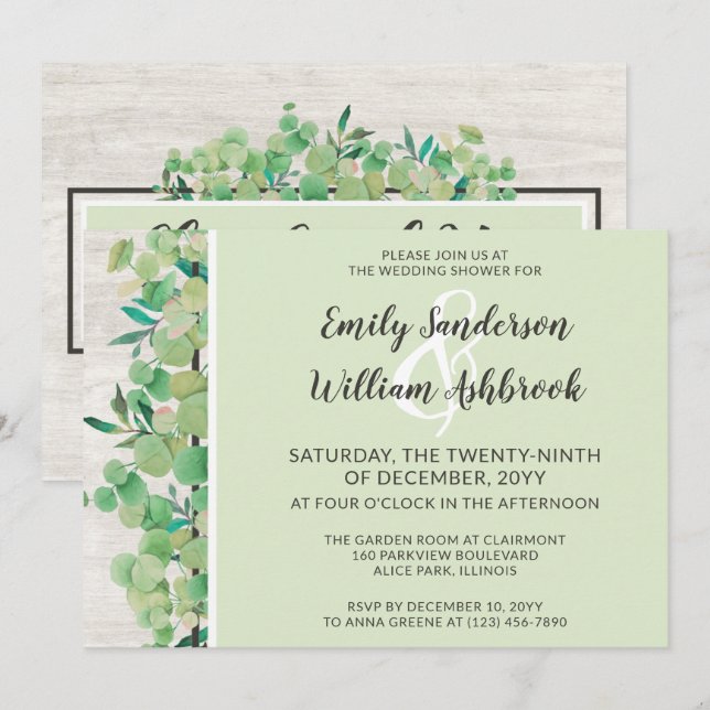 Invitation Bois rustique et Wedding shower botanique Eucalypt (Devant / Derrière)