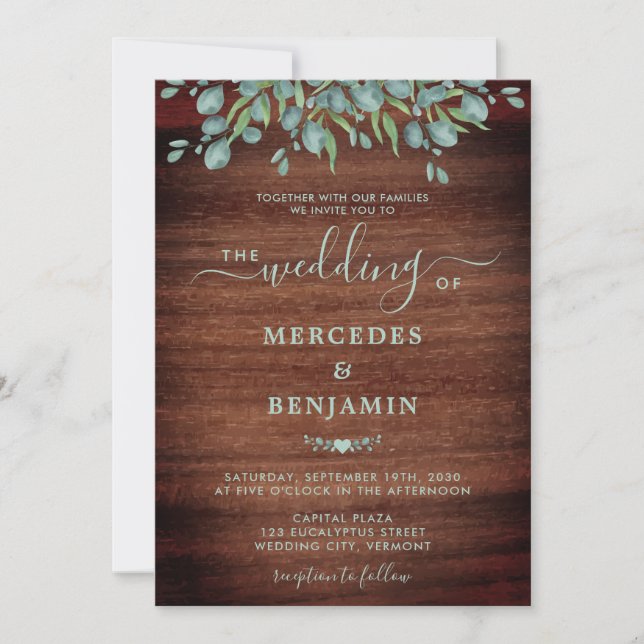 Invitation Bois rustique Eucalyptus Mariage de feuillage (Devant)