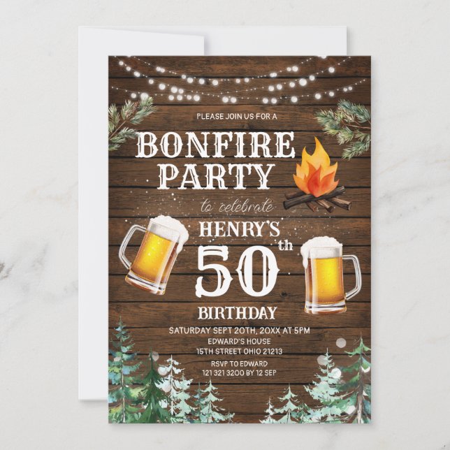 Invitation Bois rustique Feu de feu Bière Adulte Anniversaire (Devant)