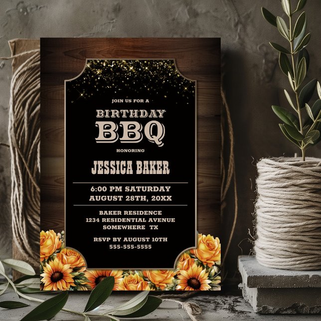 Invitation Bois rustique Floral Anniversaire BBQ (Créateur téléchargé)
