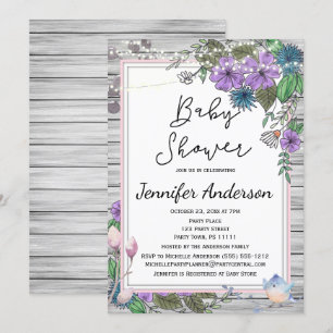 Invitation Bois rustique Floral Birds Baby shower lumineux