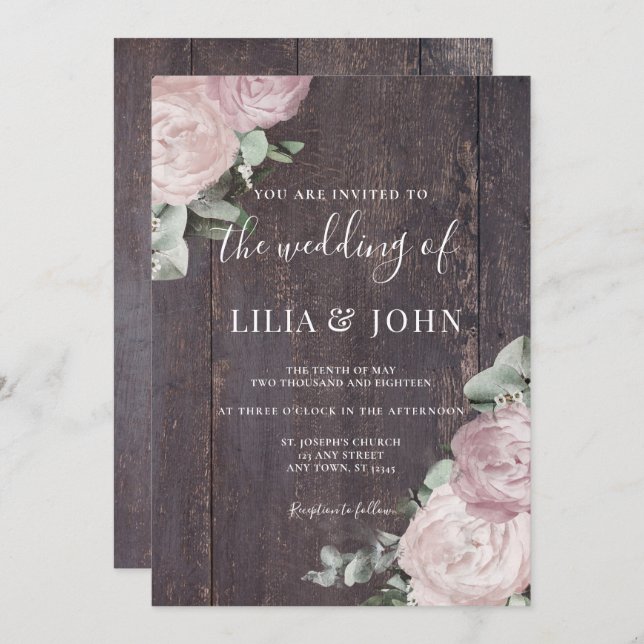 Invitation Bois rustique Floral Blush Dusty Mariage Rose (Devant / Derrière)