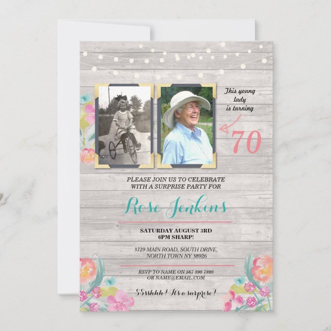 Invitation Bois rustique floral de fête d'anniversaire de (Devant)