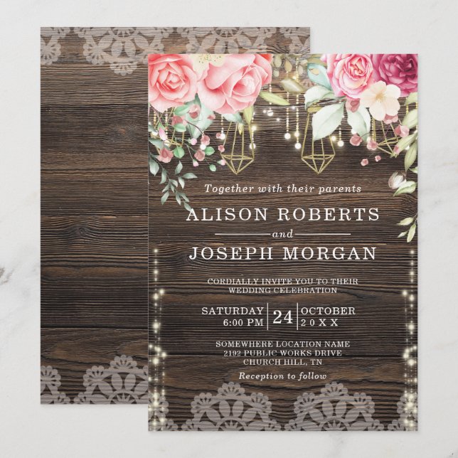 Invitation Bois rustique Floral String lumières Mariage (Devant / Derrière)