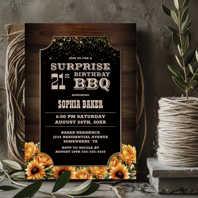 Invitation Bois rustique Floral Surprise 21e anniversaire BBQ (Créateur téléchargé)