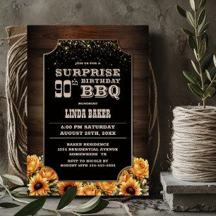 Invitation Bois rustique Floral Surprise 90e anniversaire BBQ