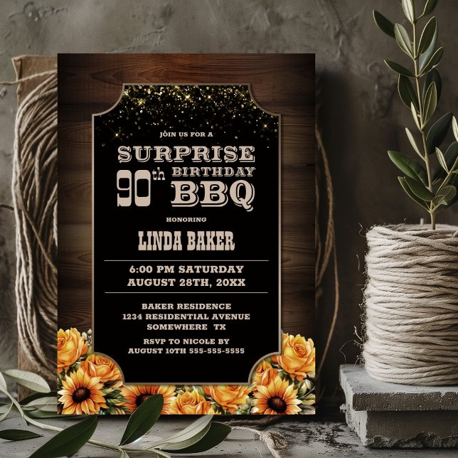 Invitation Bois rustique Floral Surprise 90e anniversaire BBQ (Créateur téléchargé)