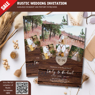 Invitation Bois rustique gravé Coeur Mariages