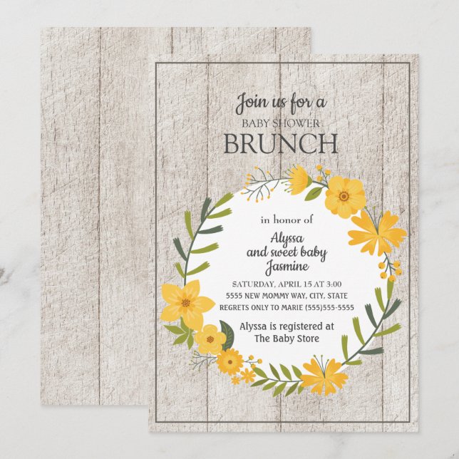 Invitation Bois rustique Jaune Baby shower Floral Brunch (Devant / Derrière)