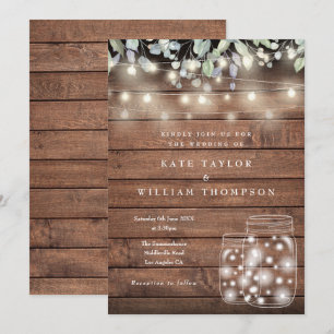 Invitation Bois rustique Lumières à cordes Mariage Mason Jar