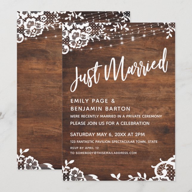 Invitation Bois Rustique, Lumières & Dentelle Jeune Mariée Ty (Devant / Derrière)
