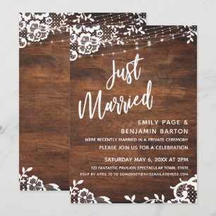 Invitation Bois rustique, lumières et dentelle juste marié év