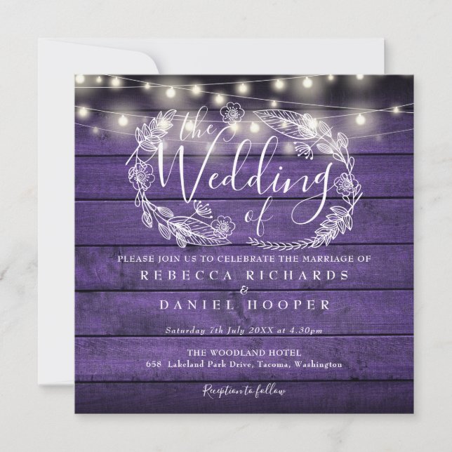 Invitation Bois rustique Lumières Mariage violet (Devant)