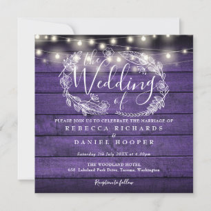 Invitation Bois rustique Lumières Mariage violet