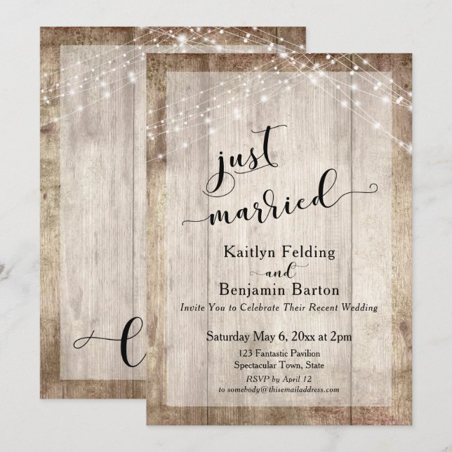 Invitation Bois rustique & Lumières, Mariés, Réception seulem (Devant / Derrière)