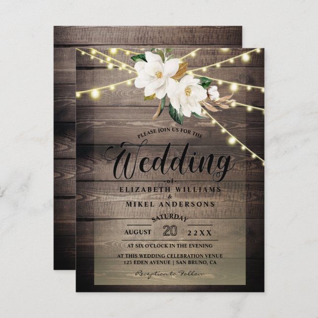 Invitation Bois rustique Lumières String & Floral mariage bla (Devant / Derrière)