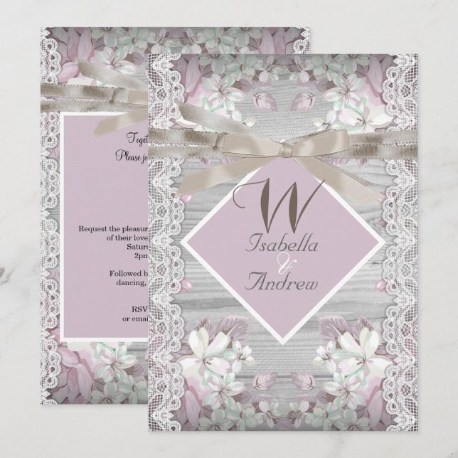 Invitation Bois rustique Mariage blanc dentelle rose (Devant / Derrière)