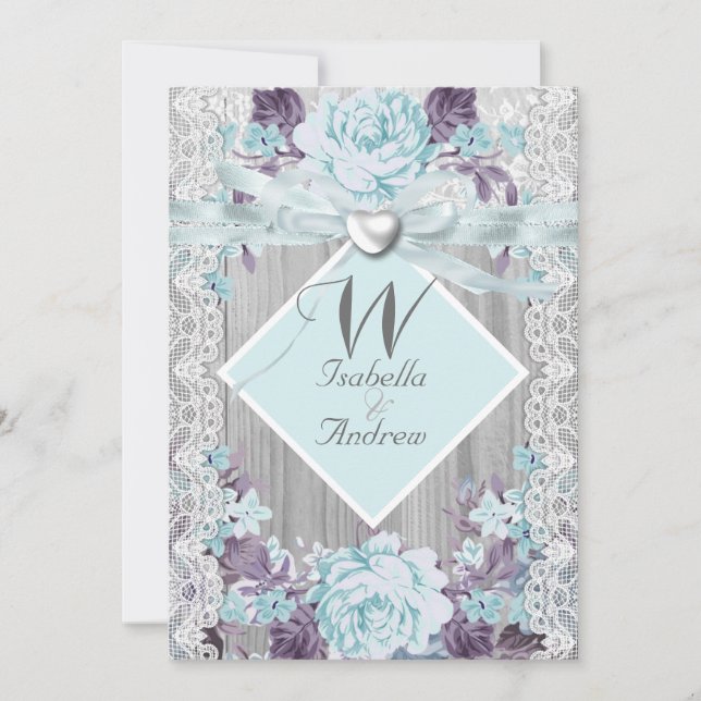 Invitation Bois rustique Mariage blanc dentelle Turquoise ble (Devant)