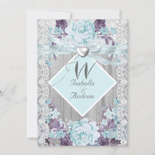 Invitation Bois rustique Mariage blanc dentelle Turquoise ble
