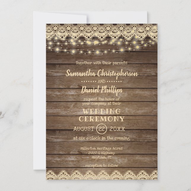 Invitation Bois rustique | Mariage dentelle et lumières (Devant)