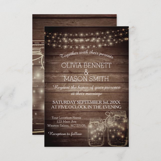 Invitation Bois Rustique Mason Jarres String Lights Mariage d (Devant / Derrière)