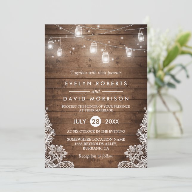 Invitation Bois Rustique Mason Jarres String Lights Mariage d (Debout devant)