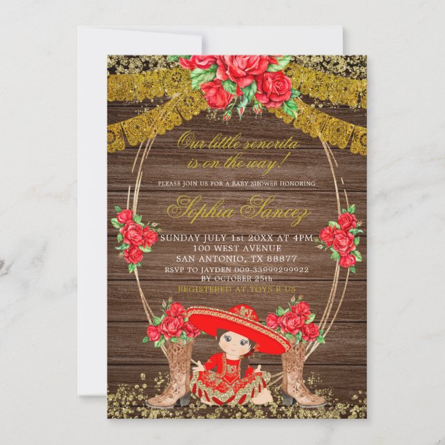 Invitation Bois Rustique mexicain Red Charra Baby shower Invi (Devant)