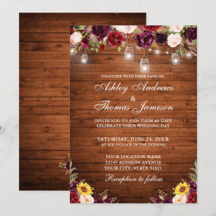 Invitation Bois rustique Mixte Floral Jar Lumières Mariage