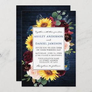 Invitation Bois rustique Mixte Mariage Floral Frame Bleu
